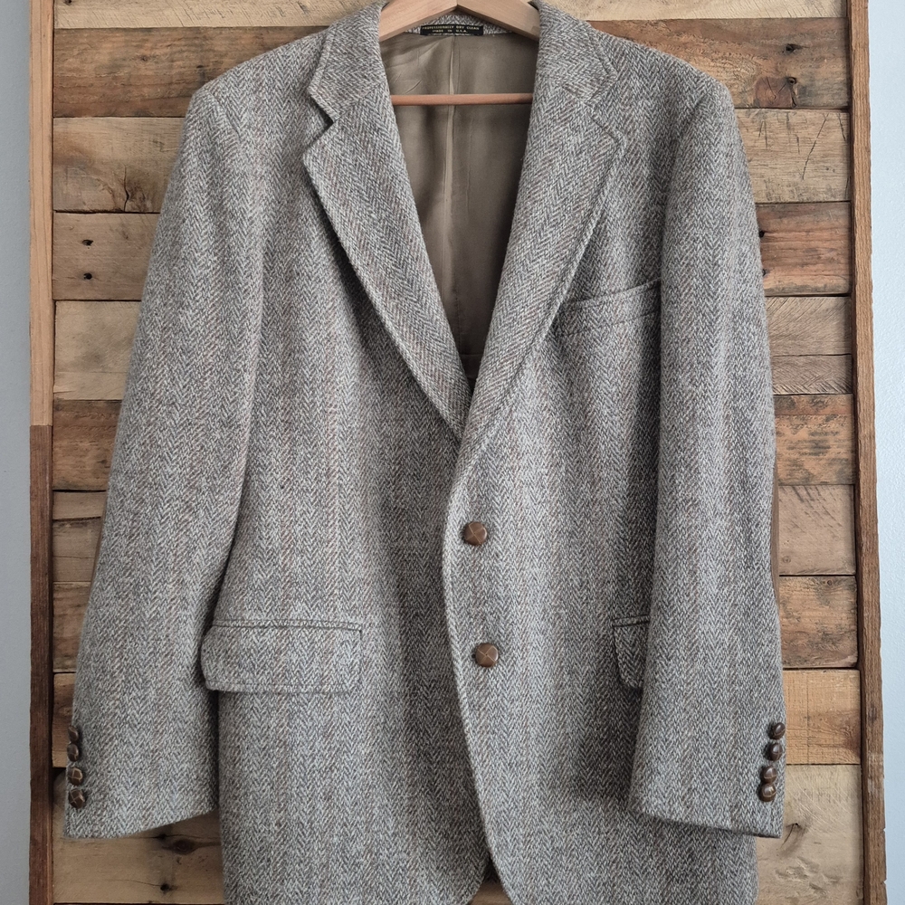 Vtg Adams Row Wool Tweed Herringbone Sport Coat Blazer Mens 44R Brown Leather